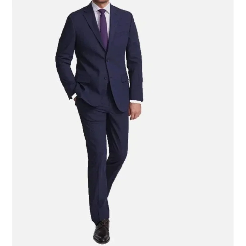 DKNY Mens Modern‎ fit 2-pc Suit Jacket 40L Navy Blue Solid Plaid Pants 35W 33L